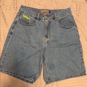 Empyre Light Blue Denim Jean Shorts with Neon Green Logo